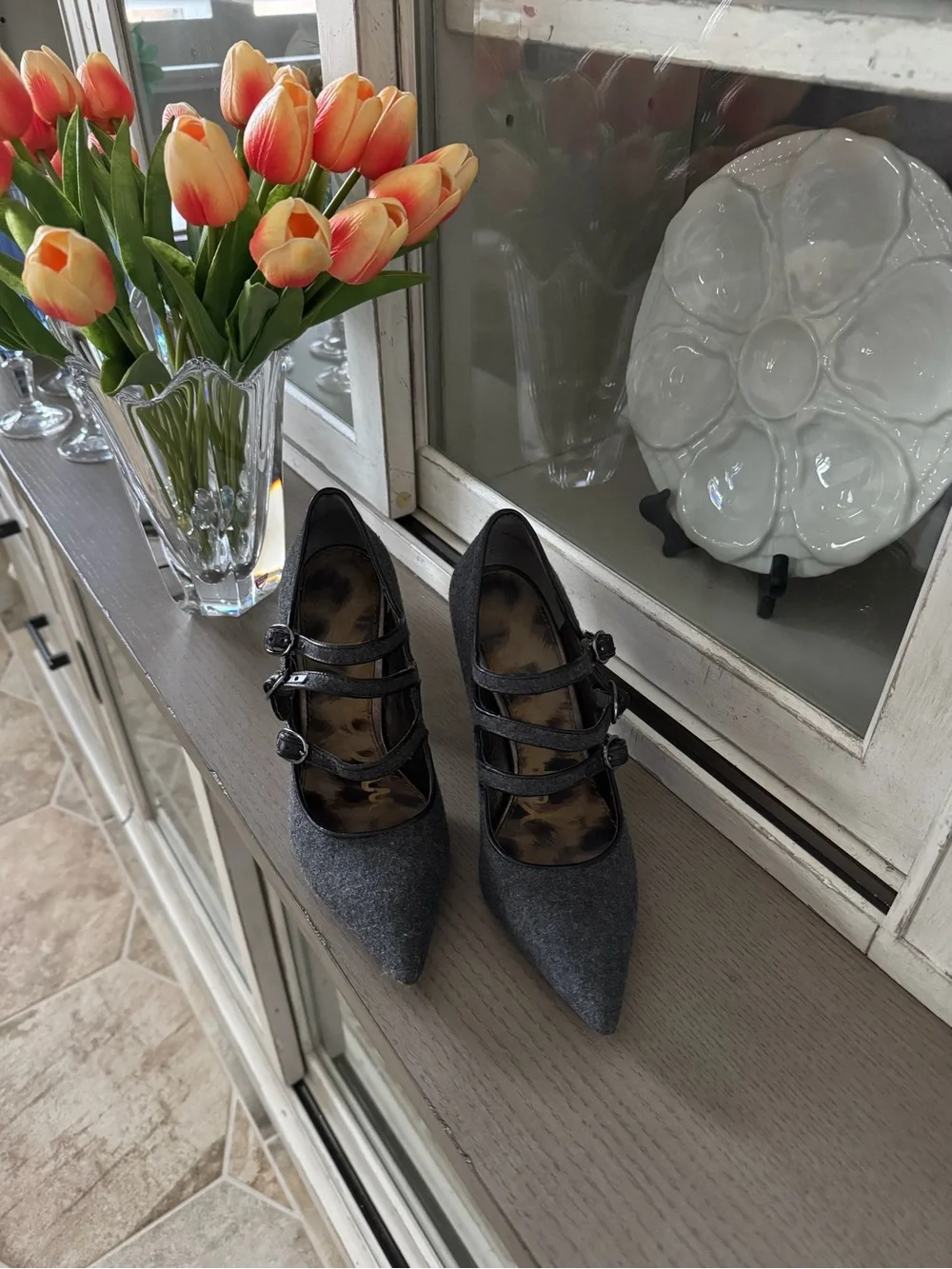 Sam Edelman Women’s Pointed Triple-Strap Pumps in Charcoal Gray